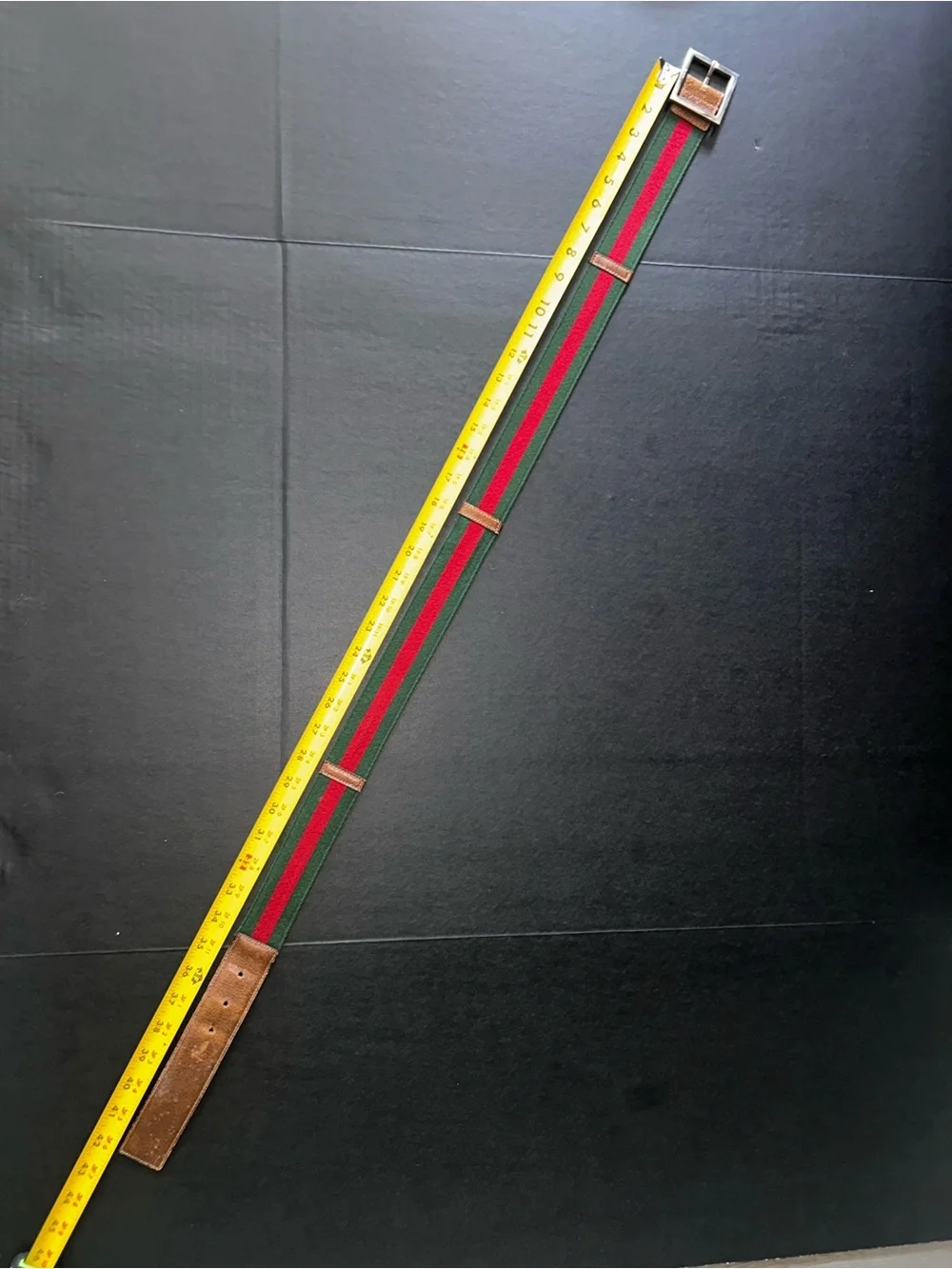 Gucci Striped Green and Red Fabric Belt with Brown Leather Ends